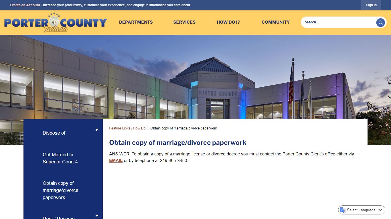 Obtain copy of marriage/divorce paperwork - Porter County, Indiana