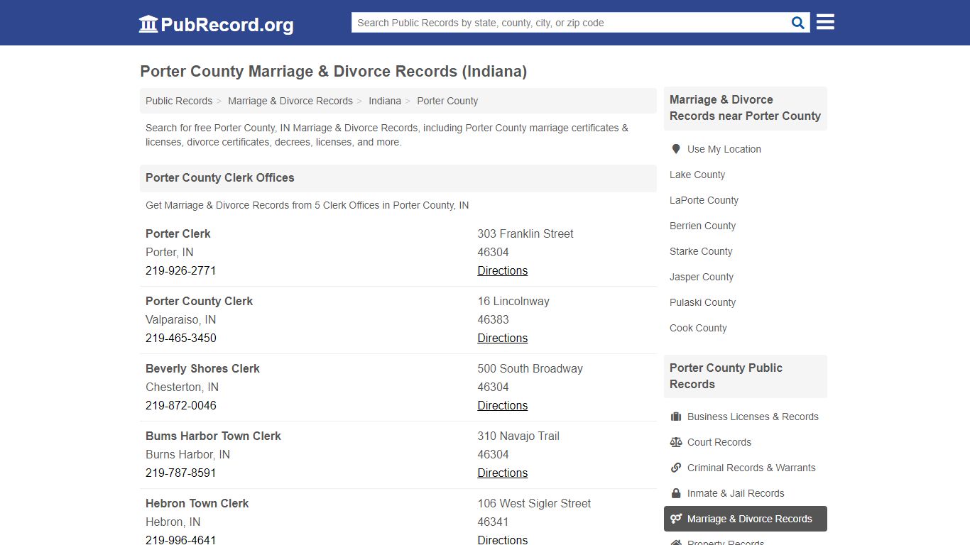 Porter County Marriage & Divorce Records (Indiana)